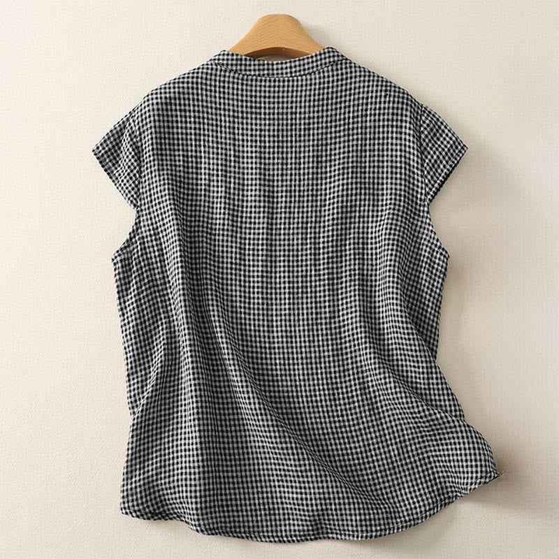 Buddha Stones Summer Crew Neck Frog-Button Short Sleeve Plaid Women's Cotton Shirt