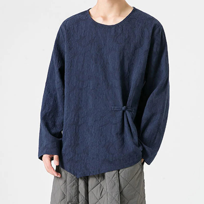 Buddha Stones Men's Chinese Frog-Button Plain Design Cotton Long Sleeve T-Shirt Zen Clothing