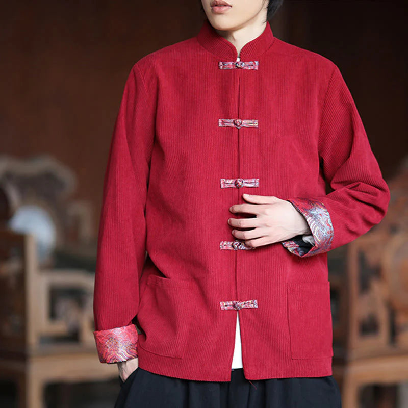 Buddha Stones Spring Jacquard Frog-Button Men's Cotton Corduroy Long Sleeve Jacket With Pockets