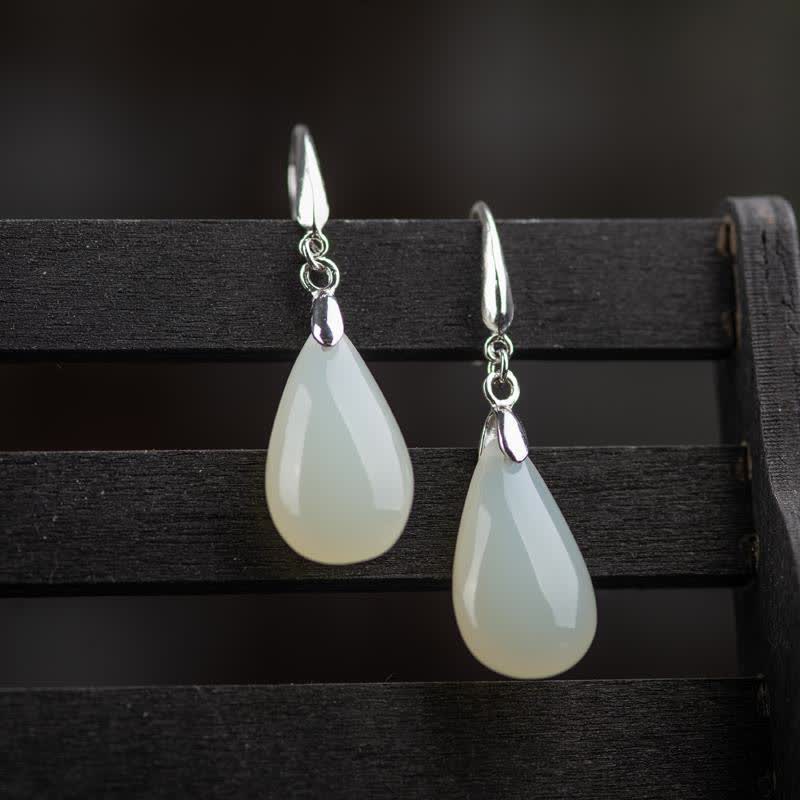 Buddha Stones Hetian White Jade Water Drop Luck Blessing Dangle Earrings (Extra 30% Off | USE CODE: FS30)
