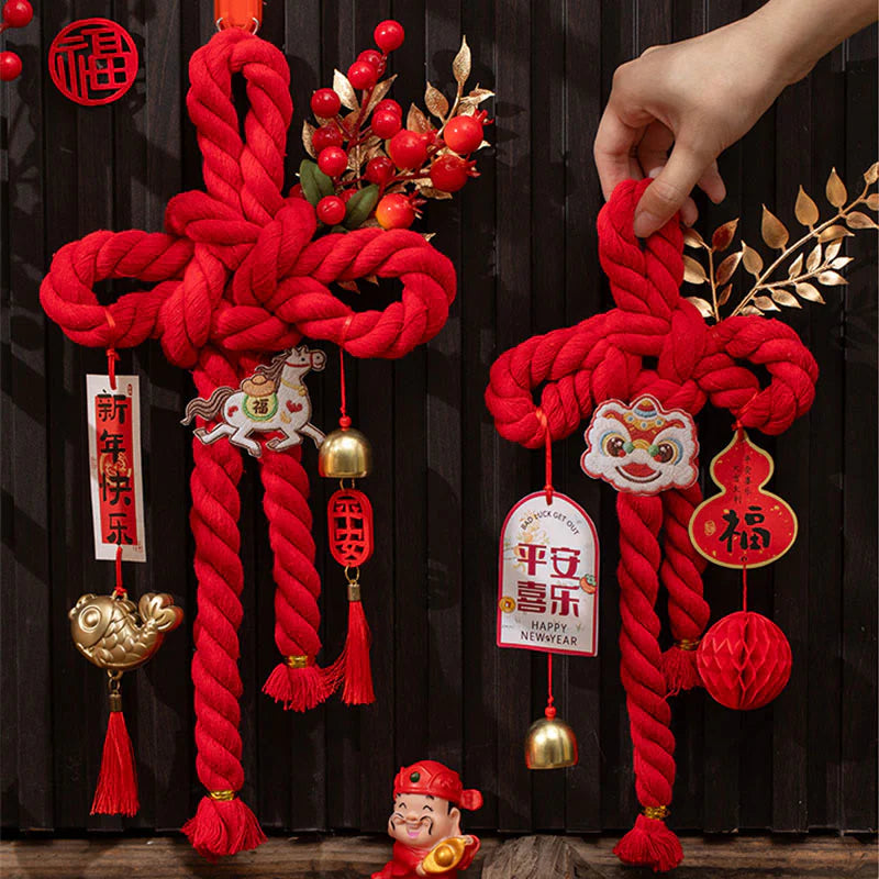 Buddha Stones Year of the Horse Dancing Lion Fu Character Chinese Knotting Fortune Decoration