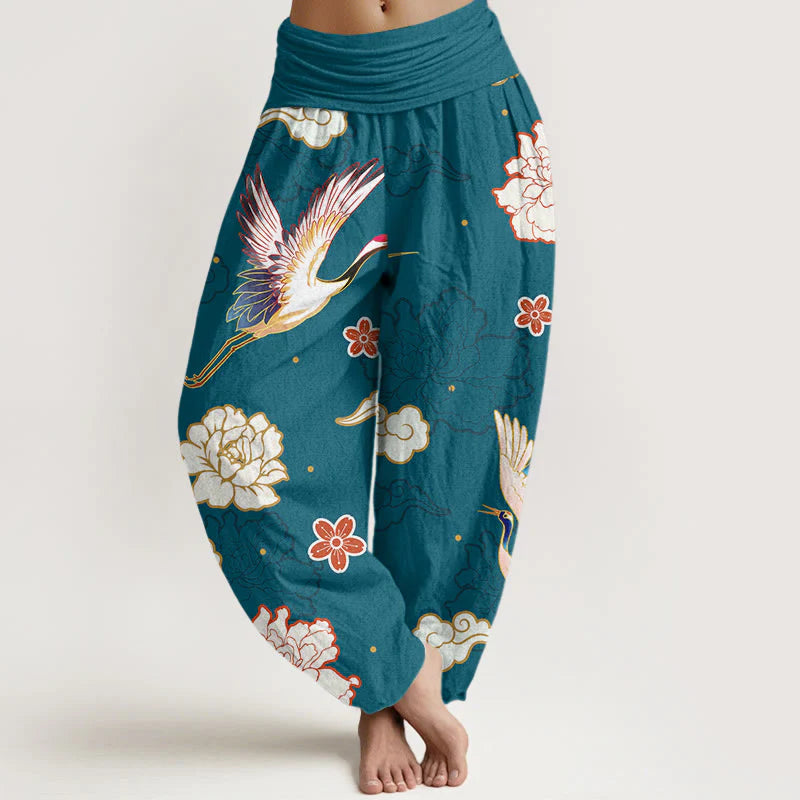 Buddha Stones Print Cranes Peonies Pattern Women's Elastic Waist Harem Pure Cotton Pants