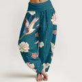 Buddha Stones Print Cranes Peonies Pattern Women's Elastic Waist Harem Pure Cotton Pants