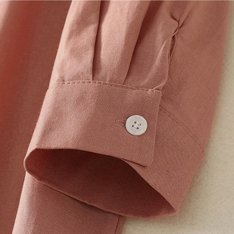 Buddha Stones Fall Solid Color Lapel Buttons Long Sleeve Cotton Midi Dress With Pockets