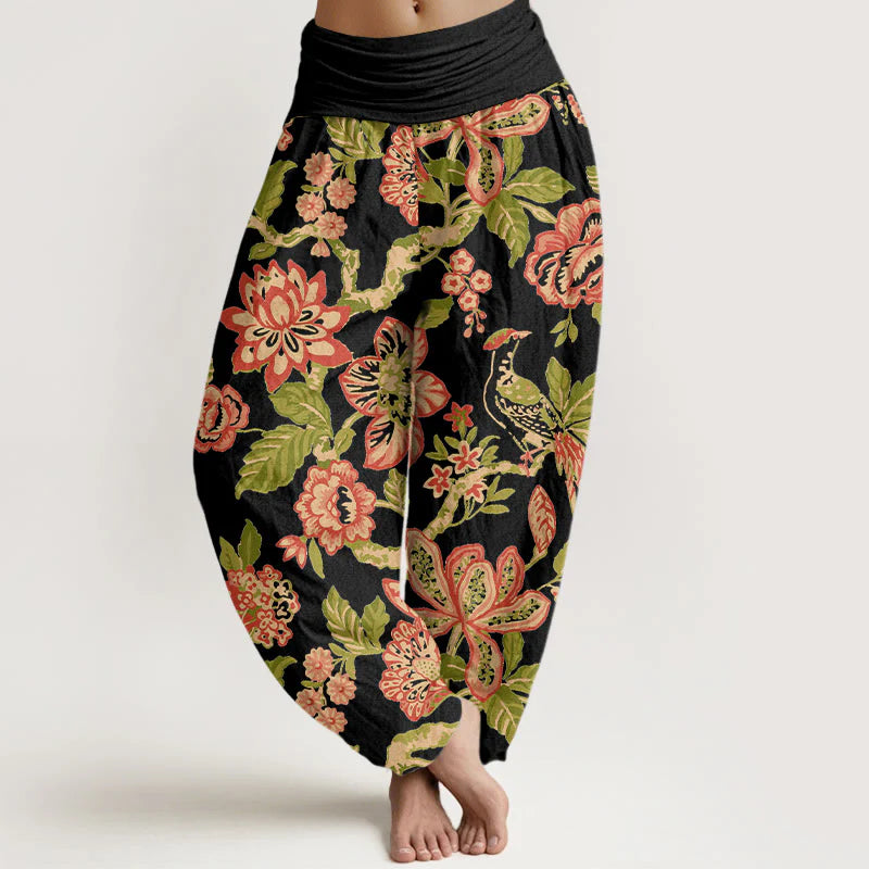 Buddha Stones Pure Cotton Bold Colors Flowers Leaves Branches Bird Pattern Women's Elastic Waist Harem Pants