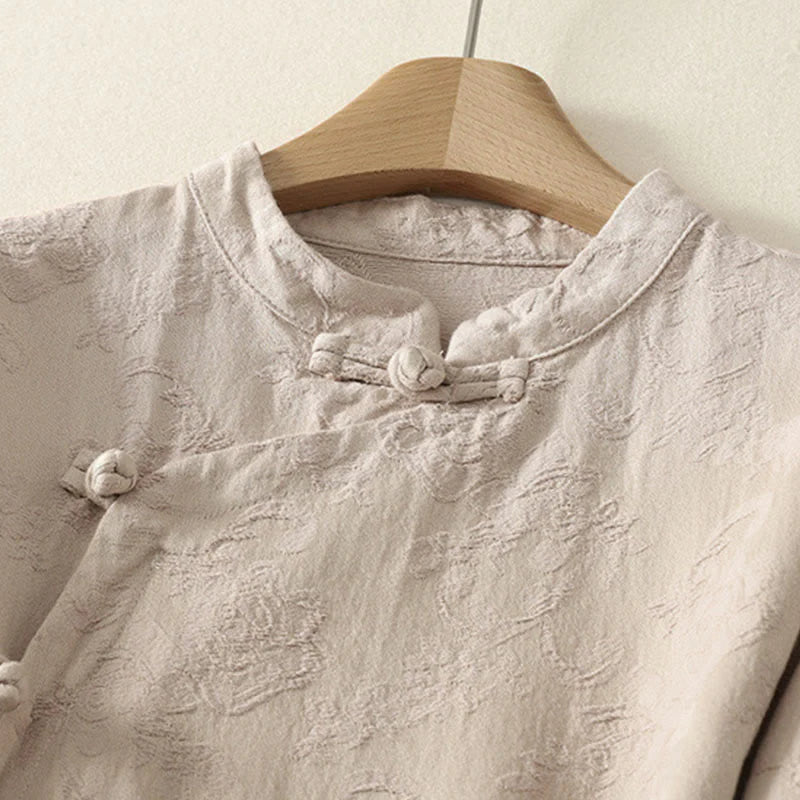 Buddha Stones Jacquard Diagonal Placket Long Sleeve Women's Cotton Linen Buttons Shirt