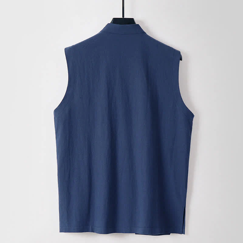 Buddha Stones Summer Solid Color Stand Collar Frog-Button Men's Cotton Linen Sleeveless Vest