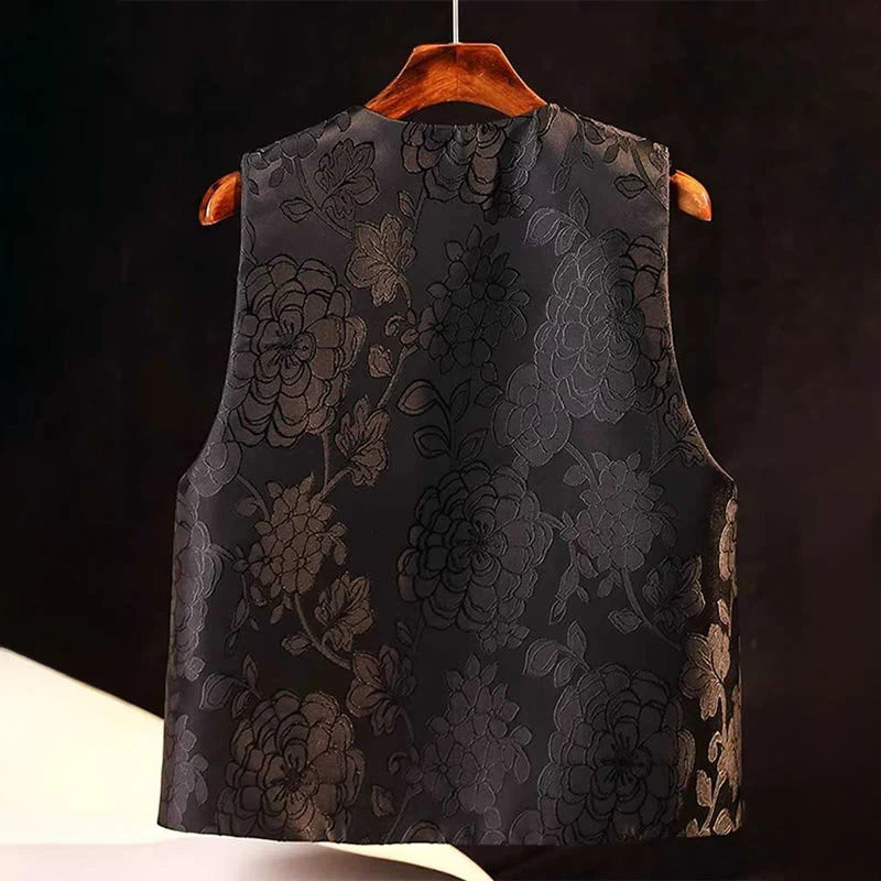 Buddha Stones Black Peony Flowers Frog-Button Pattern Cotton Women's Sleeveless Vest Waistcoat