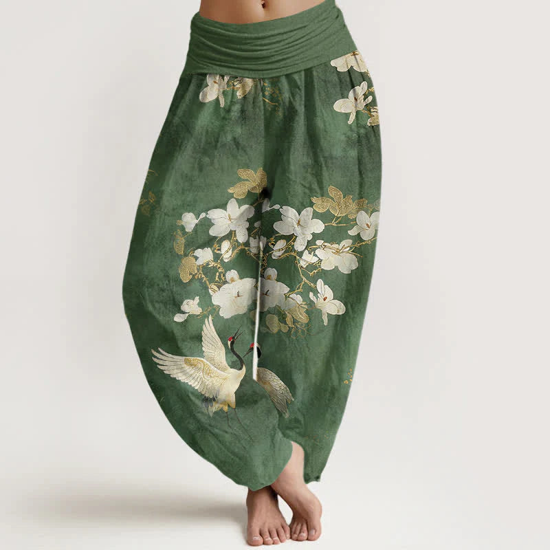 Buddha Stones Crane Blooming Flowers High Waist Women's Harem Pure Cotton Pants