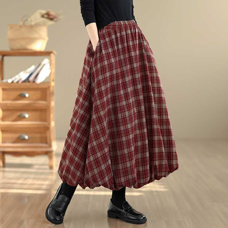 Buddha Stones Women's Plaid Pattern Cotton Skirt With Pockets