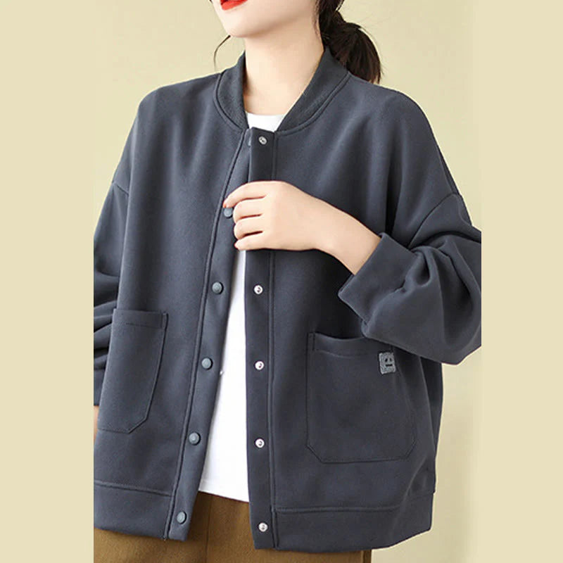 Buddha Stones Plain Women's Buttons Crew Neck Long Sleeve Cotton Jacket With Pockets