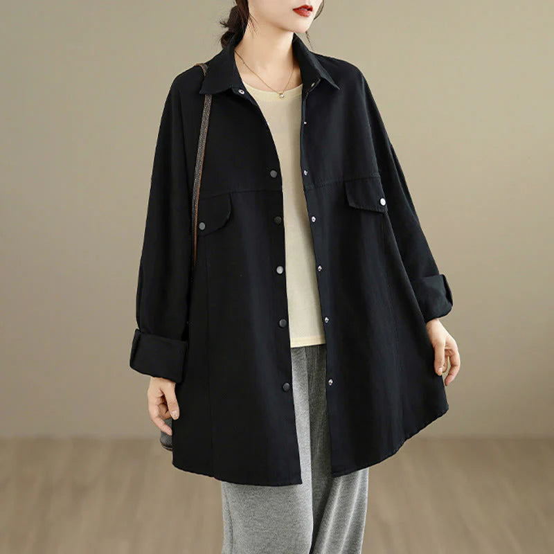 Buddha Stones Fall Pure Color Lapel Button Simple Design Women's Cotton Long Sleeve Jacket