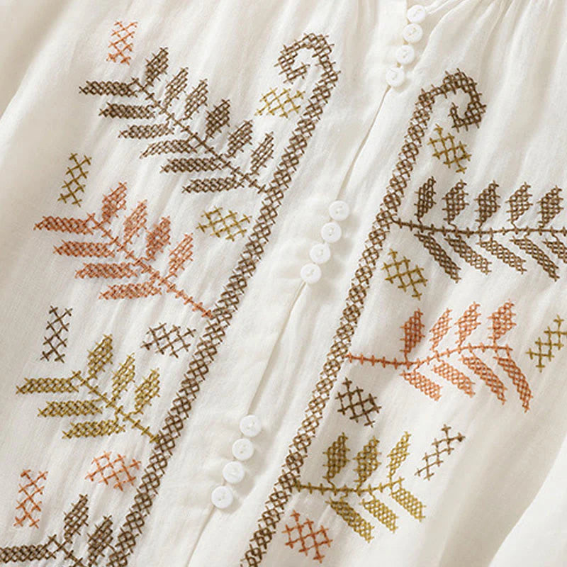 Buddha Stones Casual Artistic Embroidery Leaves Pattern Women's Cotton Linen Three Quarter Sleeve Shirt Cardigan