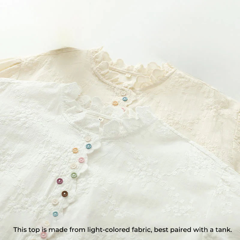 Buddha Stones Fall Ruffled Collar Embroidered Relief Flower Buttons Women's Cotton Long Sleeve Shirt
