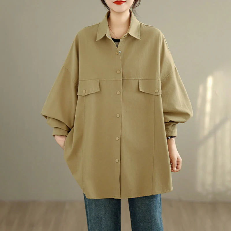 Buddha Stones Fall Pure Color Lapel Button Simple Design Women's Cotton Long Sleeve Jacket