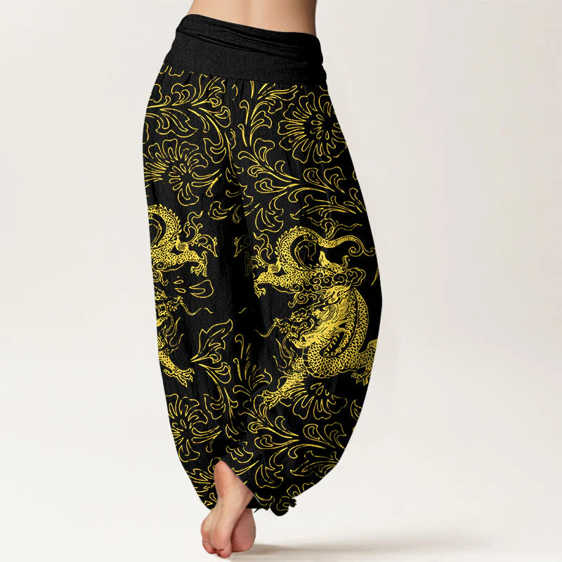 Buddha Stones Pure Cotton Dragon Floral Women's Elastic Waist Harem Pants