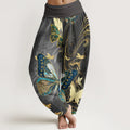 Buddha Stones Cotton Casual Butterfly Gold Line Pattern Women's Elastic Waist Harem Pants