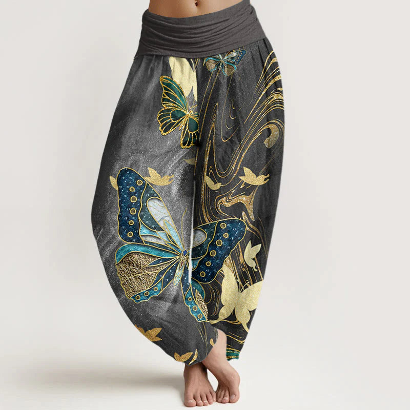 Buddha Stones Cotton Casual Butterfly Gold Line Pattern Women's Elastic Waist Harem Pants