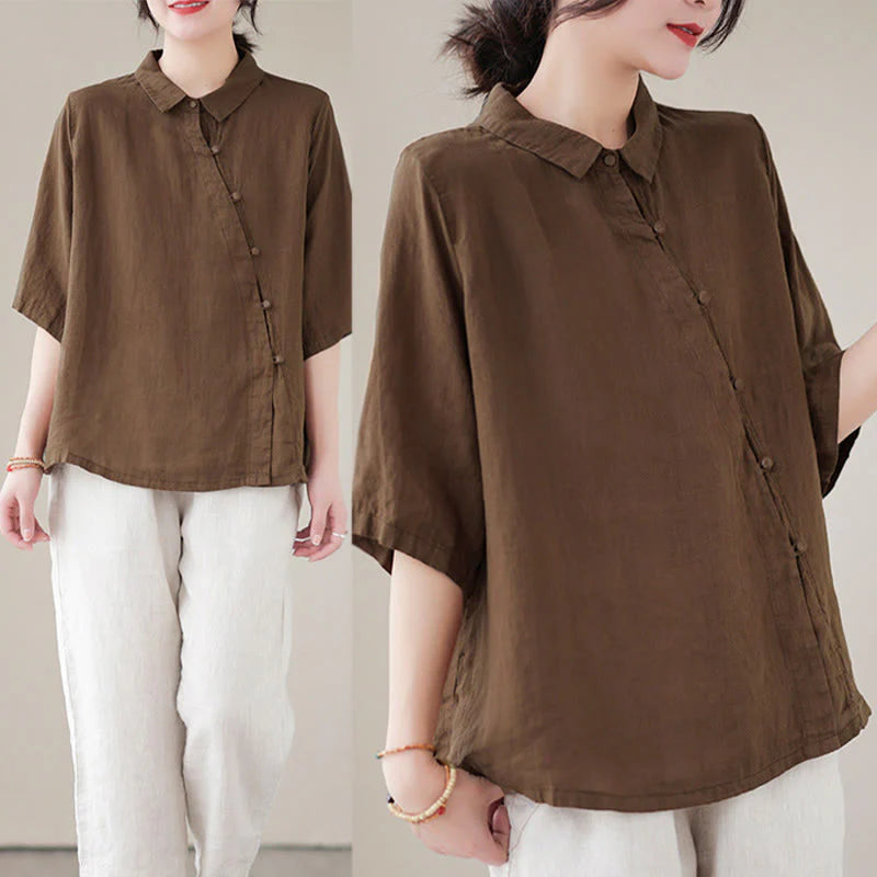 Buddha Stones Lapel Frog-Button Diagonal Placket Design Three Quarter Sleeve Women's Cotton Shirt
