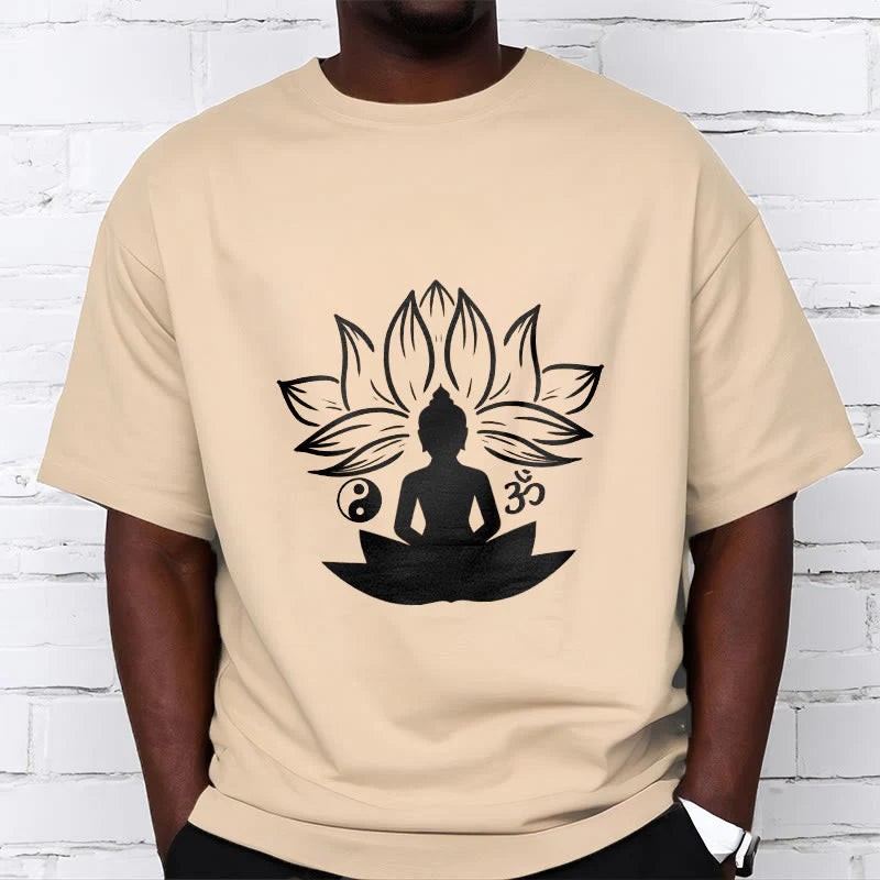 Buddha Stones Om Yin Yang Buddha Statue Sitting Lotus Meditation Tee T-shirt