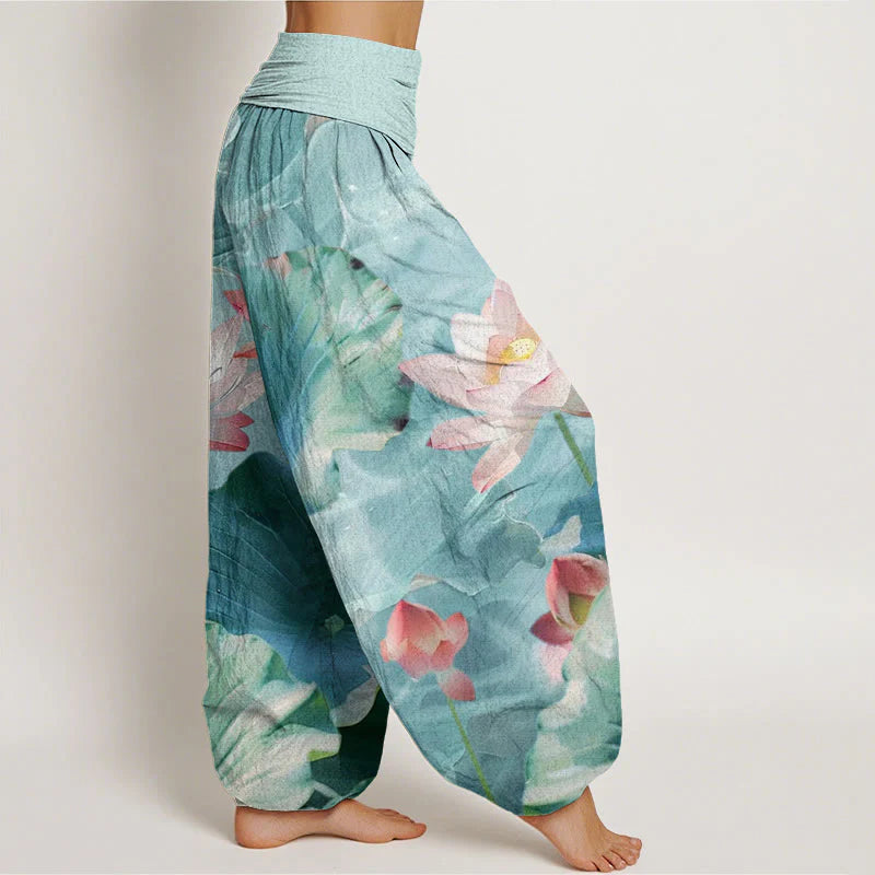 Buddha Stones Cotton Casual Lotus Petal Pond Pattern Women's Elastic Waist Harem Pants