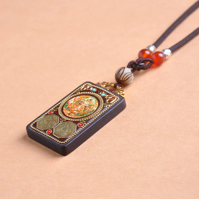 Buddha Stones Thangka Yin Yang Copper Coins Ebony Wood Zakiram Balance Pendant Necklace