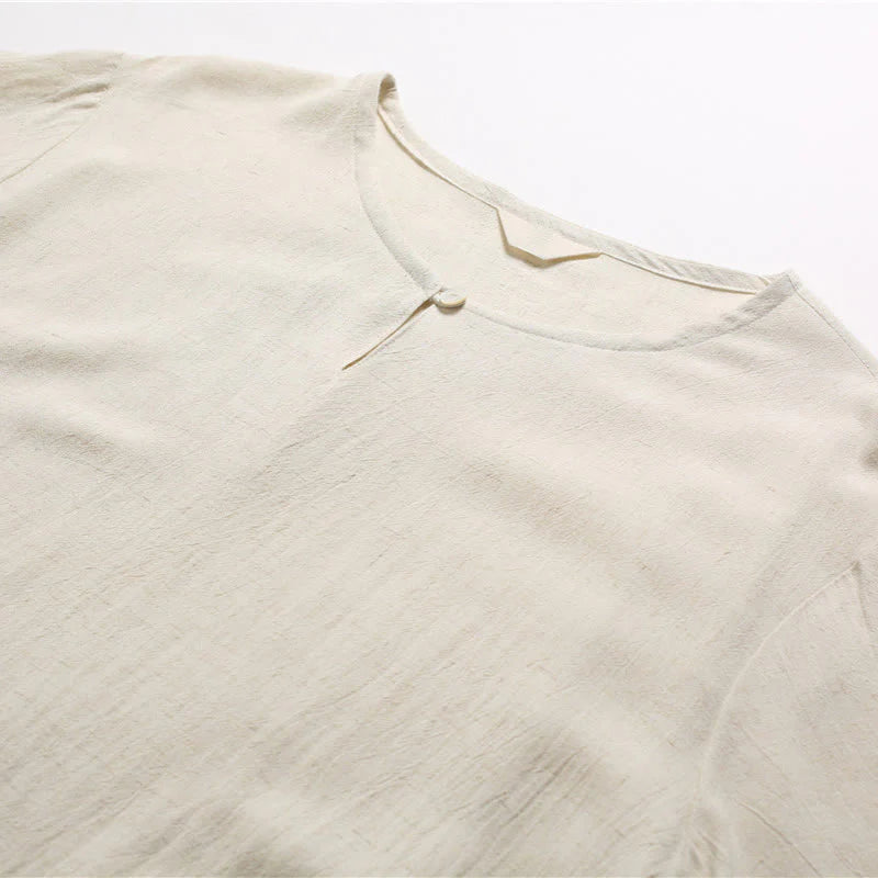 Buddha Stones Men's Solid Color Round Neck Short Sleeve CottonÂ Linen Shirt