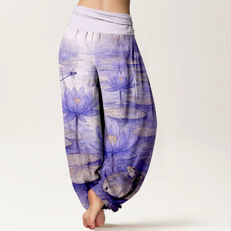 Buddha Stones Pure Cotton Fresh Elegant Lotus Flower Leaf Dragonfly Frog Pattern Women's Elastic Waist Harem Pants
