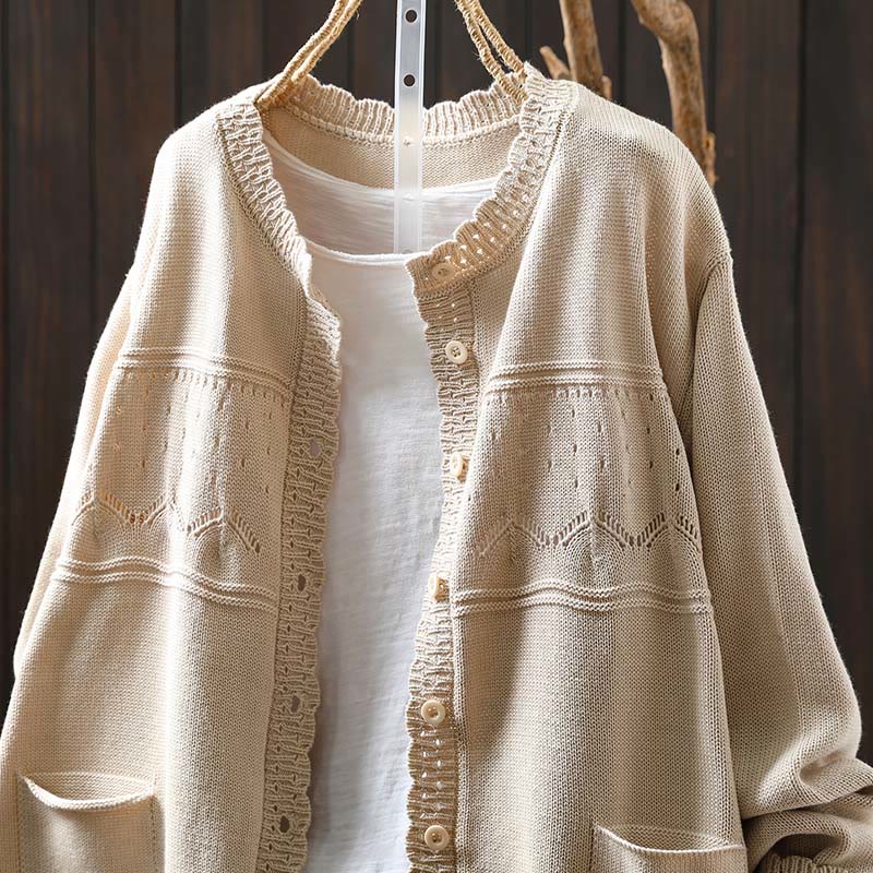 Buddha Stones Fall Lace Buttons Cotton Women's Long Sleeve Knitted Cardigan Sweater With Pockets