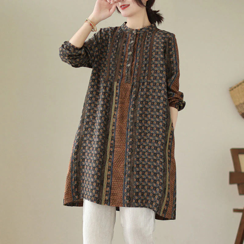 Buddha Stones Retro Printed Floral Women's Accordion Pleats Design Long Sleeve Shirt With Pockets