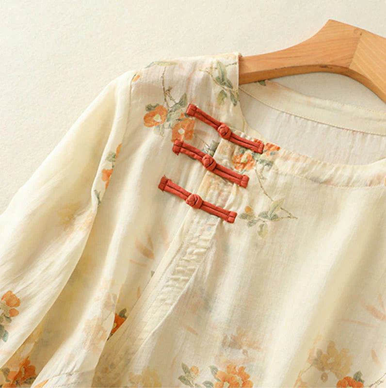 Buddha Stones Plant Printed Crew Neck Frog Button Design Women's Polyester Three Quarter Sleeve Shirt