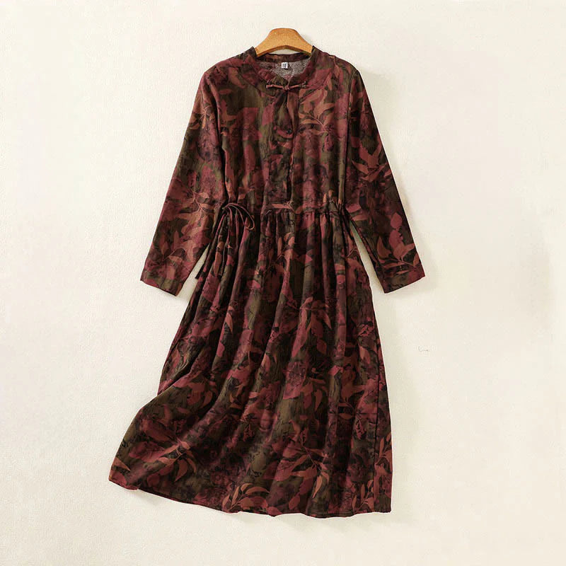 Buddha Stones Casual Flower Printed Pattern Buttons Design Long Sleeve Midi Dress With Pockets