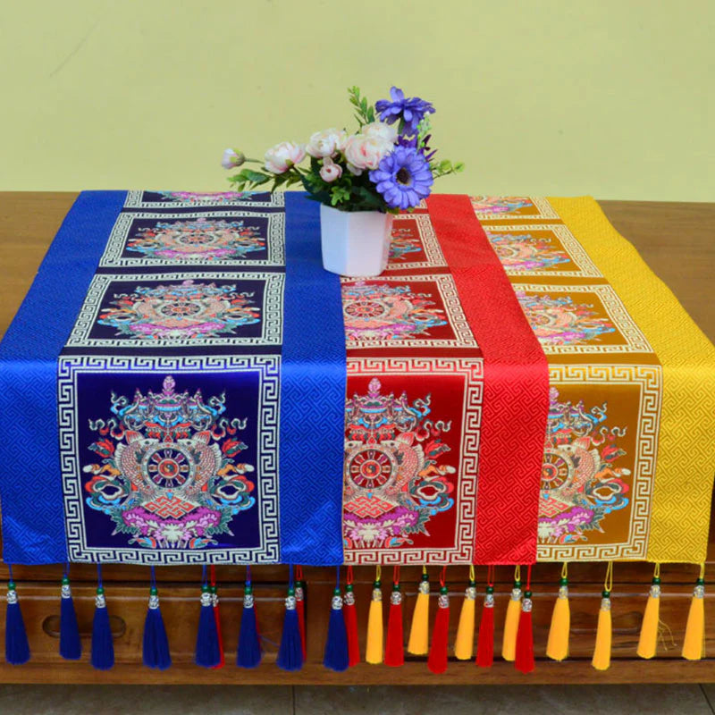 Buddha Stones Prayer Altar Mat Man-Bcu Kalachakra Endless Knot Vajra Tibetan Auspicious Symbols Tassels Table Runner