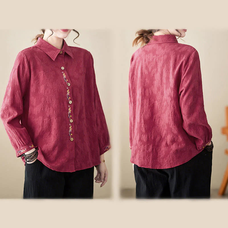 Buddha Stones Spring Plain Embroidered Flower Pattern Button Women's Long Sleeve Cotton Lapel Shirt