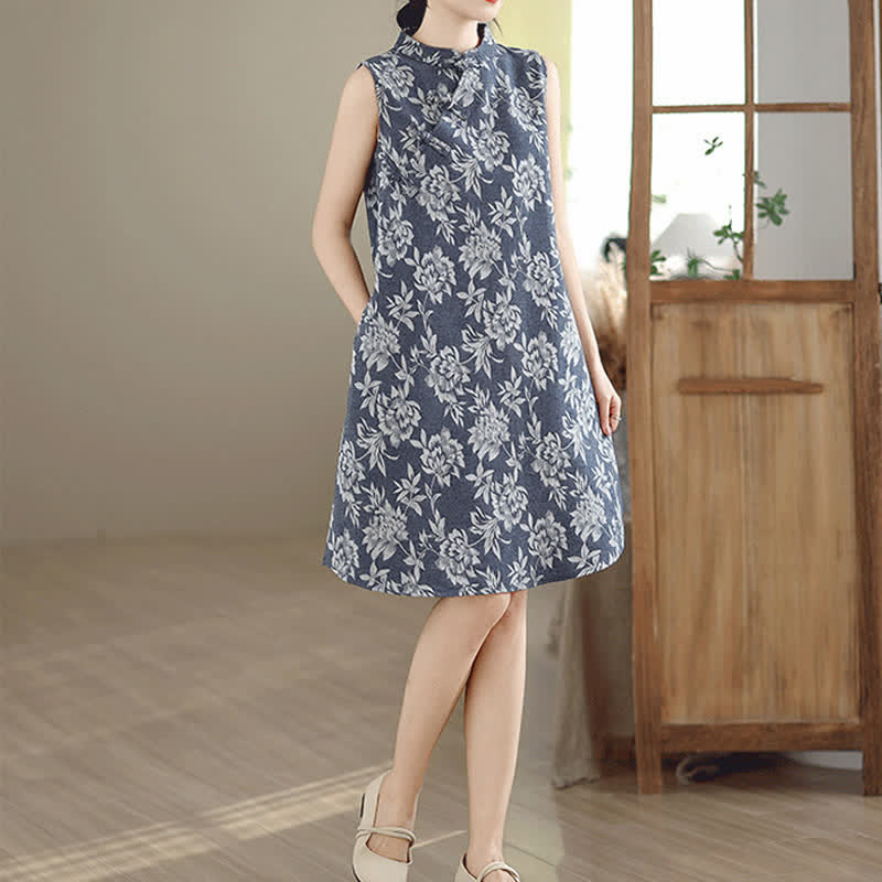 Buddha Stones Frog-button Mandarin Collar Floral Pattern Sleeveless Cotton Mini Dress With Pockets