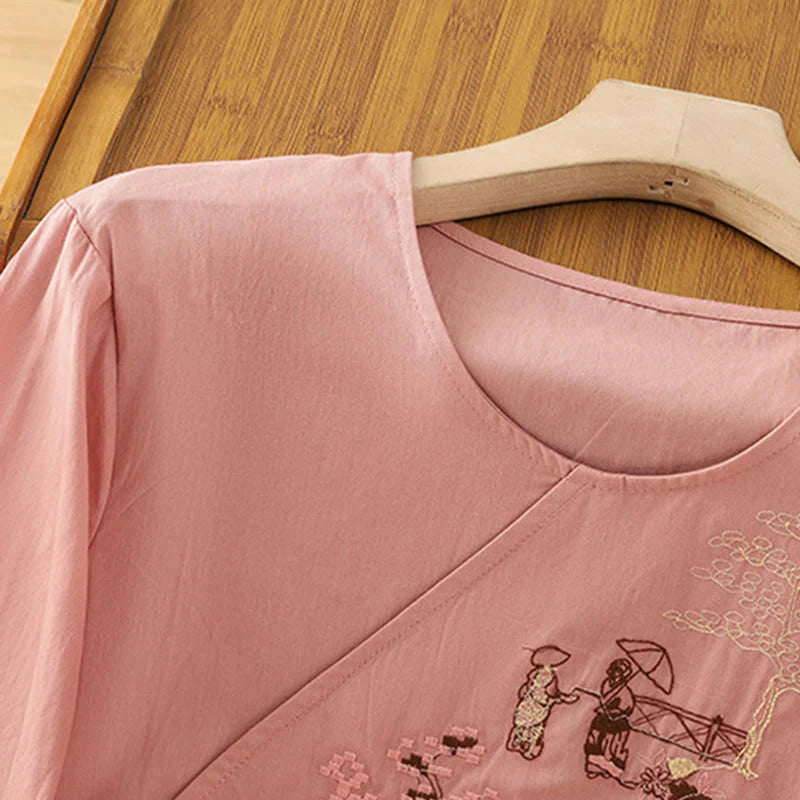 Buddha Stones Retro Embroidery Lace-Up Women's Three Quarter Sleeve Cotton Linen T-Shirt