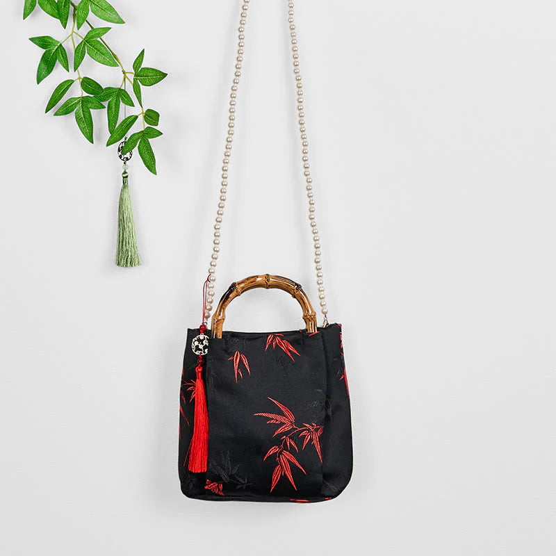 Buddha Stones Polyester Cotton Embroidery Leaves Bamboo Handle Pearl Crossbody Bag Hangbags