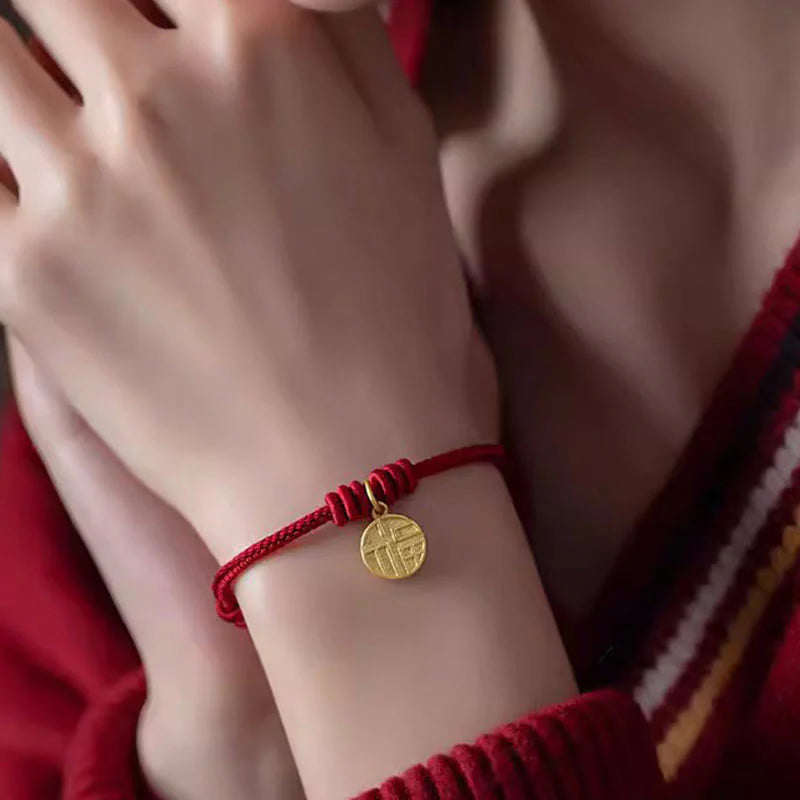 Buddha Stones Handmade Eight Thread Peace Knot Fu Character Charm Luck Happiness Red Rope Bracelet