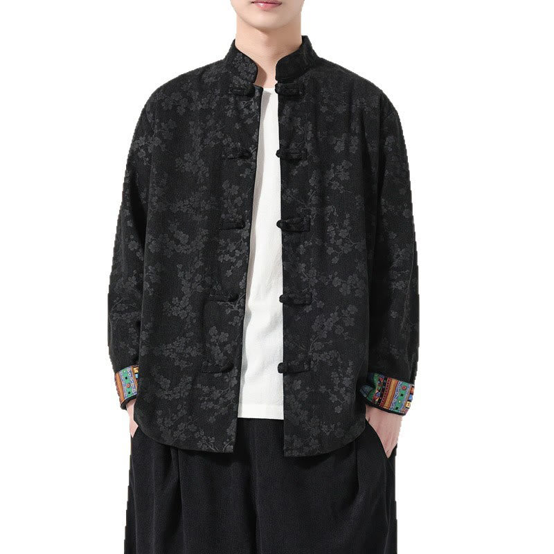 Buddha Stones Plain Plum Blossom Pattern Long Sleeve Men's Cotton Corduroy Tang Suit Jacket