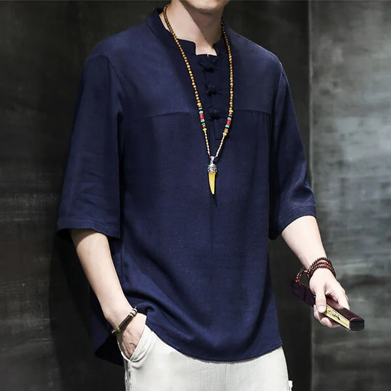 Buddha Stones Casual Vintage  Chinese Frog-Button Men's Half Sleeve Cotton Linen T-Shirt