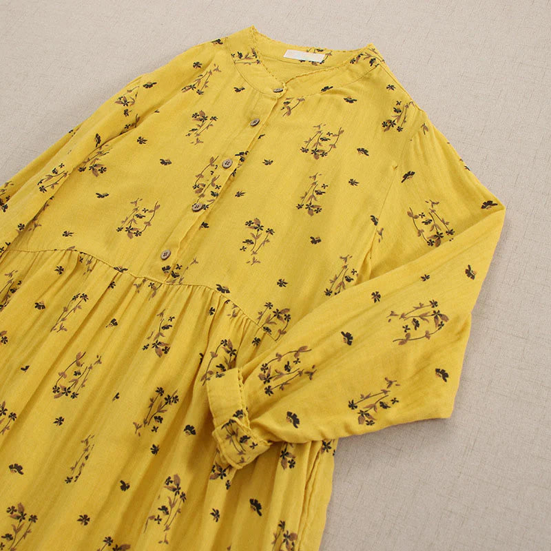 Buddha Stones Spring Small Floral Print Buttons Design Crew Neck Long Sleeve Midi Dress With Pockets