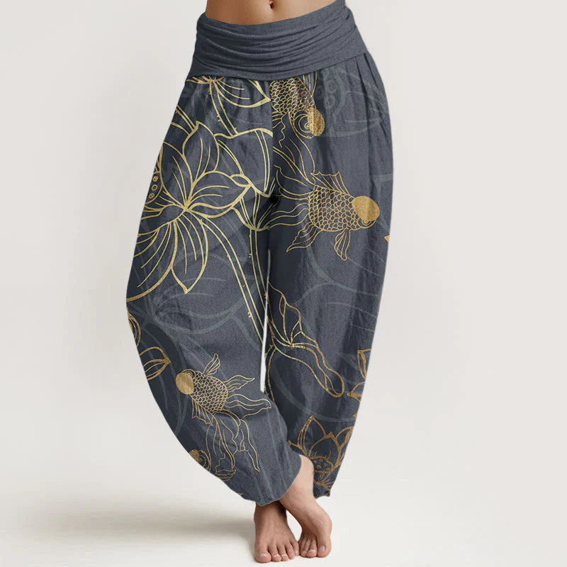 Buddha Stones Cotton Lotus Leaf Koi Fish Women's Elastic Waist Harem Pants