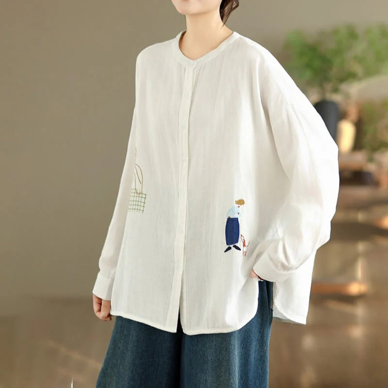 Buddha Stones Fall Embroidery Human Figure Dog Pattern Round Neck Buttons Women's Long Sleeve Shirt