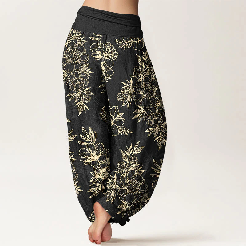 Buddha Stones Cotton Complicated Flowers Leaves Pattern Women's Elastic Waist Harem Pants