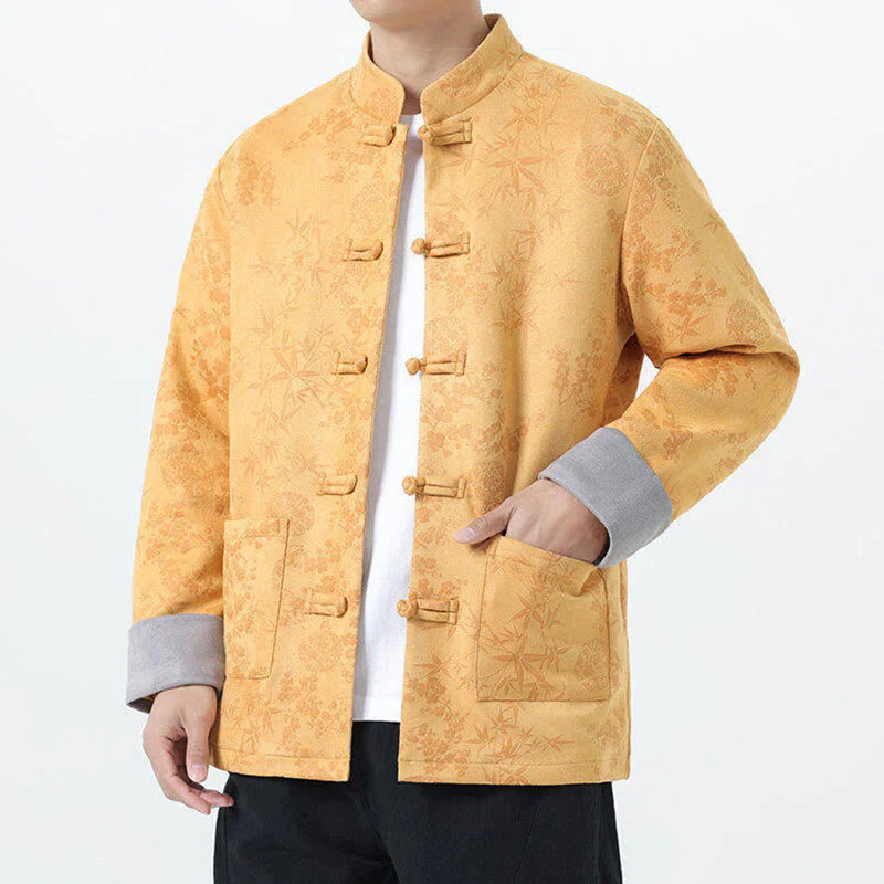 Buddha Stones Fall Jacquard Bamboo Frog-button Long Sleeve Men's Cotton Jacket With Pockets