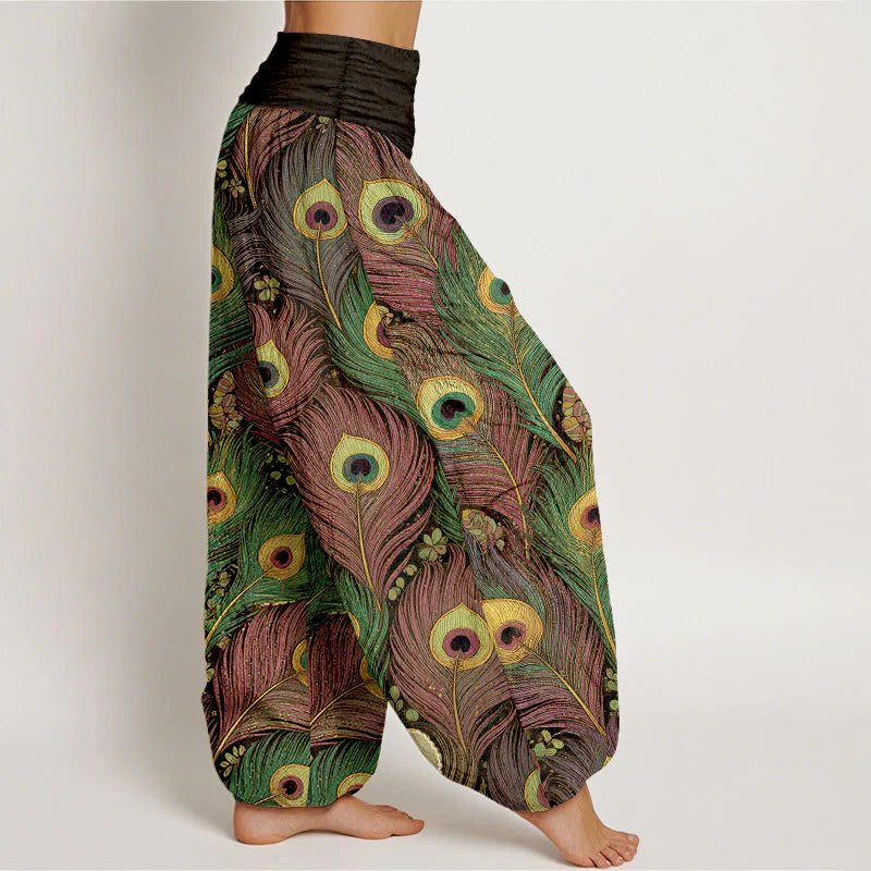 Buddha Stones Peacock Feathers Pattern Pure Cotton Women's Elastic Waist Harem Pants
