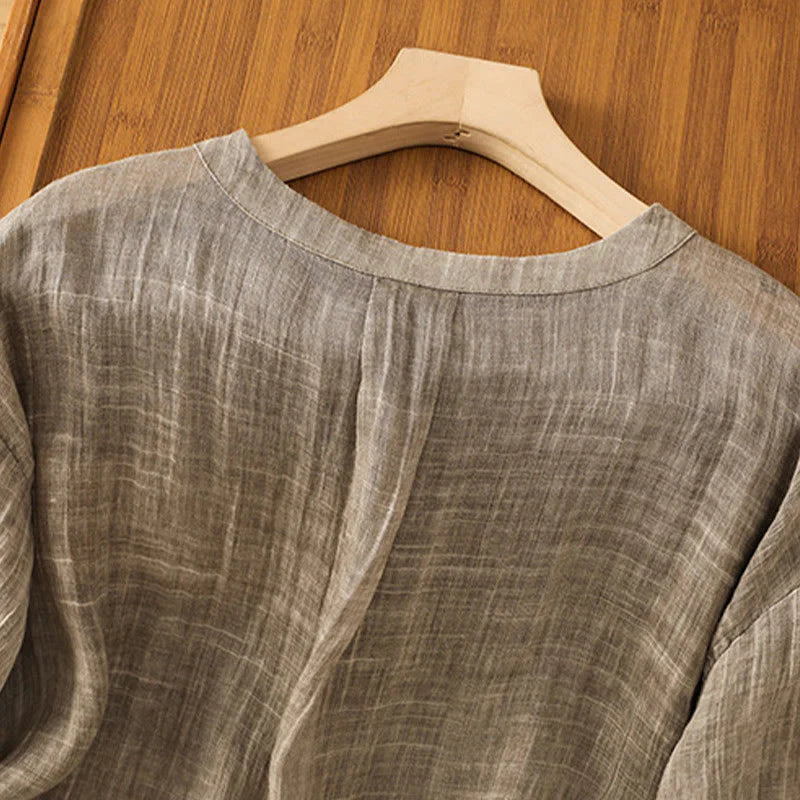 Buddha Stones Casual Summer Plain Crew Neck Women's  Cotton Linen Three Quarter Sleeve T-Shirt