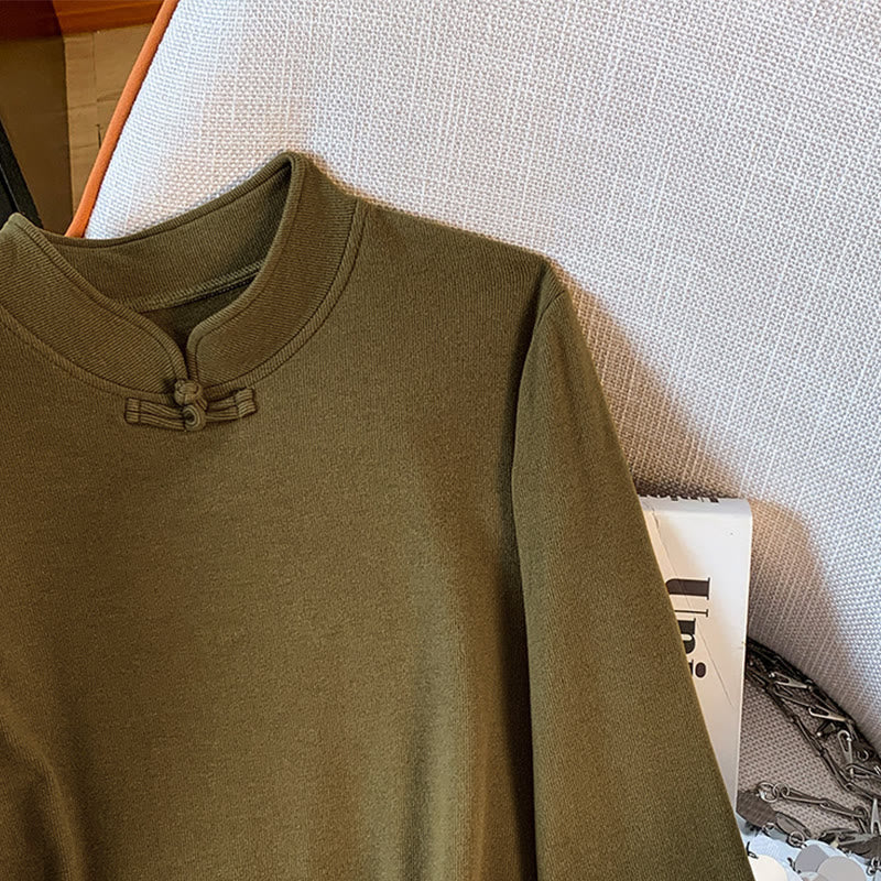 Buddha Stones Spring Solid Color Stand Collar Frog-button Design Women's Cotton Long Sleeve Shirt