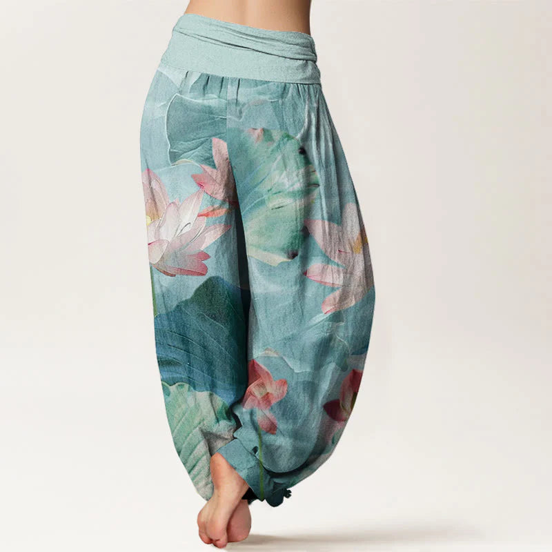 Buddha Stones Cotton Casual Lotus Petal Pond Pattern Women's Elastic Waist Harem Pants