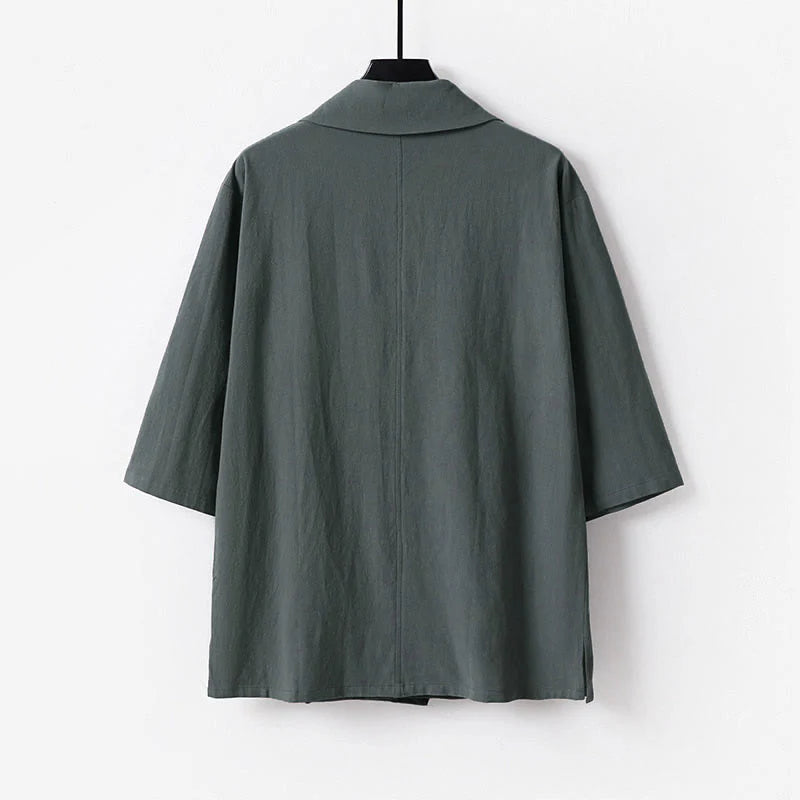 Buddha Stones Summer V-Neck Lapel Half Sleeve Cotton Linen Men's Shirt